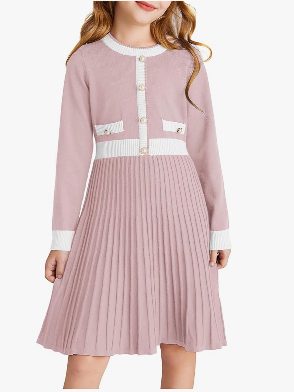Girls'  Ribbed Knit Pleated Dress with White Trim
